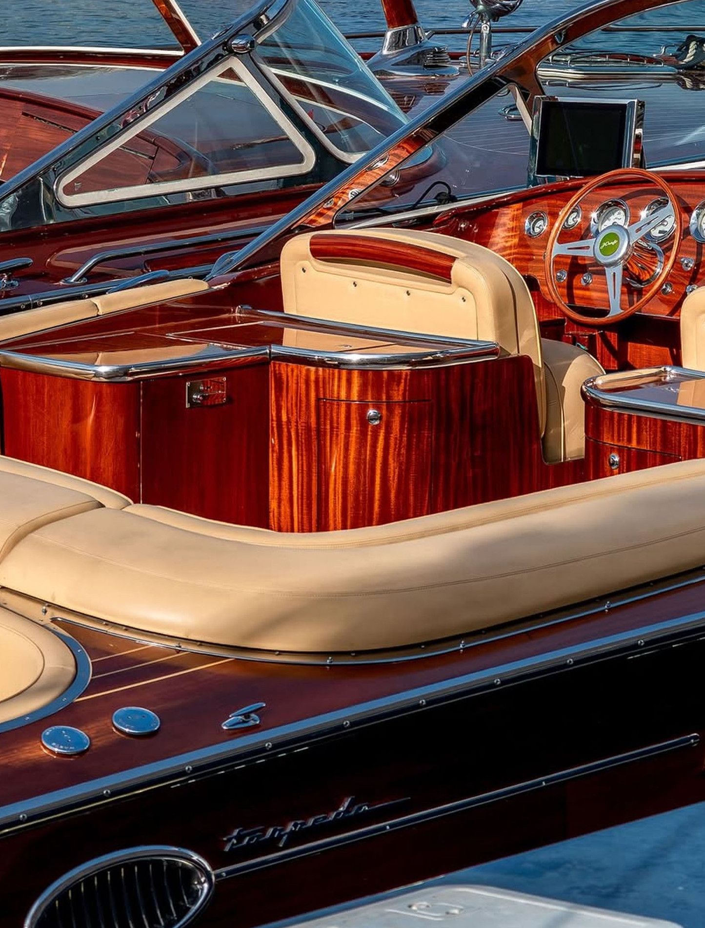 Luxurious classic boat moored at Göcek Marina, showcasing refined wood design and elegance.